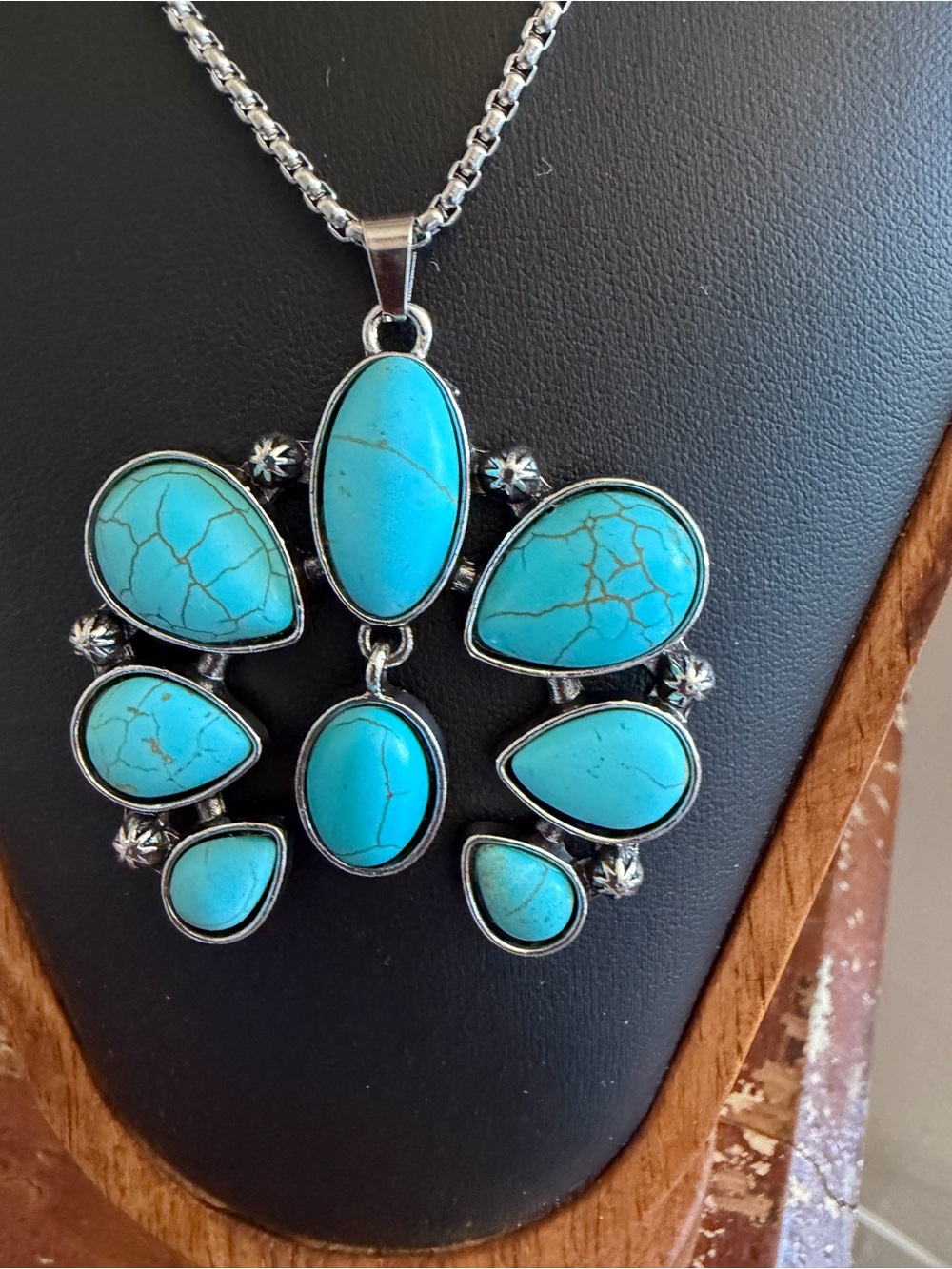 Western Squash Statement Faux Turquoise Necklace Silver Tone Southwest - Picture 2 of 6